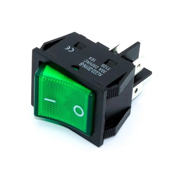 Купить Переключатель клавишный KCD4, 30A, с фиксацией, c подсветкой 220V, ON-OFF, 4PIN, Зеленый, Черный Магазин радиоэлектроники и радиодеталей RELCOMA, радиорынок каталог Киев, Украина