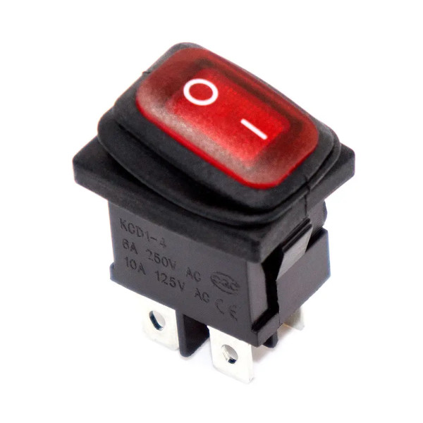 Купить Переключатель мини KCD1-4-201W, IP65, 6A, 4pin, подстветка 220V, ON-OFF, красный Магазин радиоэлектроники и радиодеталей RELCOMA, радиорынок каталог Киев, Украина