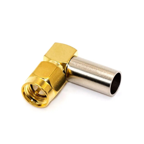 Купити Роз'єм SMA, штекер SMA (male) standard кутовий, обтискний на кабель RG-58, gold Магазин радіоелектроніки та радіодеталей RELCOMA, радіоринок каталог Київ, Україна
