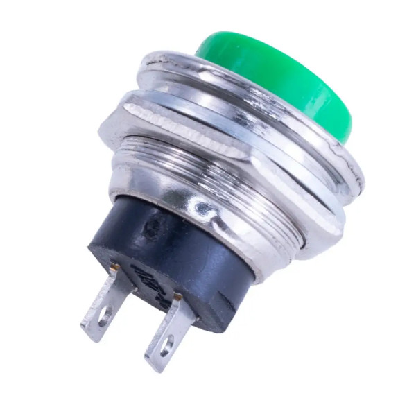 Купить Кнопка (DS-212), без фиксации, круглая, без подсветки, OFF-(ON), 2PIN, Зеленый, Серебристый Магазин радиоэлектроники и радиодеталей RELCOMA, радиорынок каталог Киев, Украина