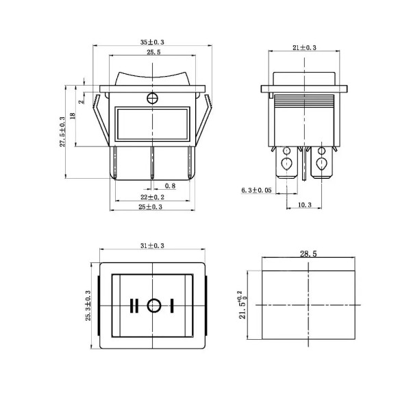 Купить Переключатель клавишный KCD2-203, 16А, без подсветки ON-OFF-ON 6 Pin, Черный, Черный Магазин радиоэлектроники и радиодеталей RELCOMA, радиорынок каталог Киев, Украина