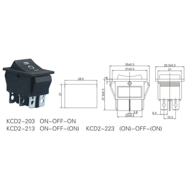 Купить Переключатель клавишный KCD2-213, 16А, без подсветки, ON-OFF-(ON), Одна сторона возвратная,  6PIN, Черный, Черный Магазин радиоэлектроники и радиодеталей RELCOMA, радиорынок каталог Киев, Украина