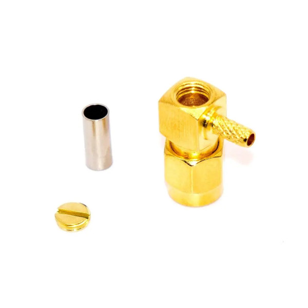 Купити Роз'єм SMA, штекер SMA-RP (Reverse Polarity) кутовий, обтискний на кабель RG-174, gold Магазин радіоелектроніки та радіодеталей RELCOMA, радіоринок каталог Київ, Україна