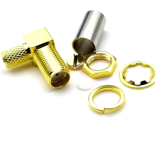 Купити Роз'єм SMA, гніздо SMA (female) standard кутове, обтискне (кабель RG-58), з гайкою, gold Магазин радіоелектроніки та радіодеталей RELCOMA, радіоринок каталог Київ, Україна