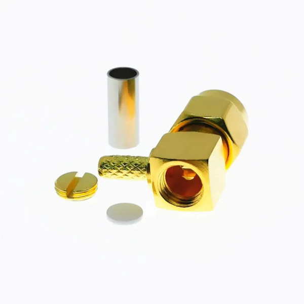 Купити Роз'єм SMA, штекер SMA-RP (Reverse Polarity) кутовий, обтискний на кабель RG-174, gold Магазин радіоелектроніки та радіодеталей RELCOMA, радіоринок каталог Київ, Україна