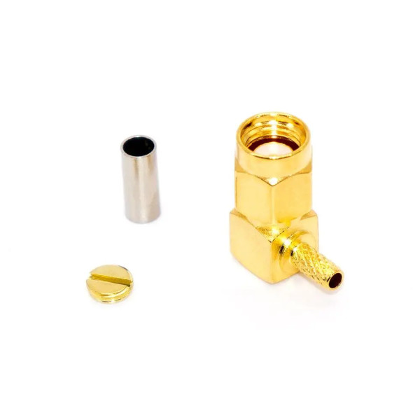 Купити Роз'єм SMA, штекер SMA-RP (Reverse Polarity) кутовий, обтискний на кабель RG-174, gold Магазин радіоелектроніки та радіодеталей RELCOMA, радіоринок каталог Київ, Україна