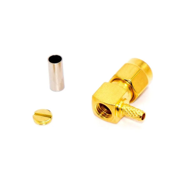 Купити Роз'єм SMA, штекер SMA-RP (Reverse Polarity) кутовий, обтискний на кабель RG-174, gold Магазин радіоелектроніки та радіодеталей RELCOMA, радіоринок каталог Київ, Україна