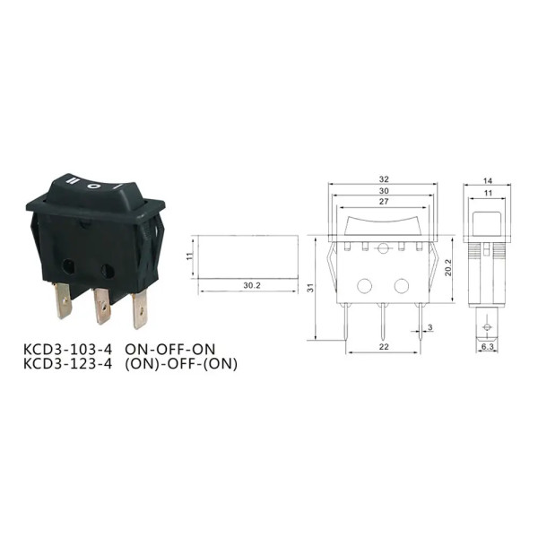 Купить Переключатель клавишный KCD3-4-123 без подсветки, (ON)-OFF-(ON) 3 Pin, Черный, Черный возвратный Магазин радиоэлектроники и радиодеталей RELCOMA, радиорынок каталог Киев, Украина